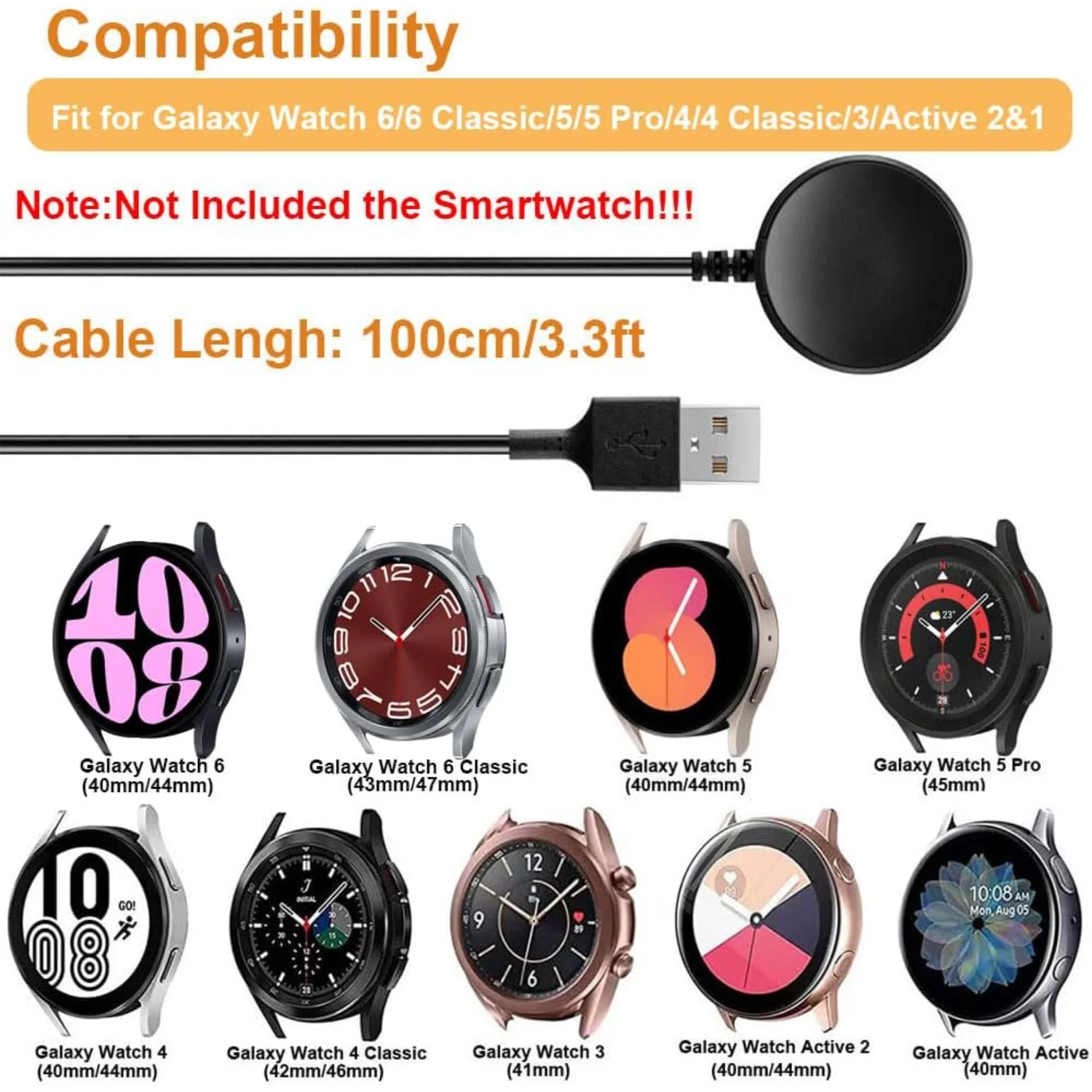 [2 Pack]  Charger Cable Compatible for   Watch Charger, Replacement USB Wireless Charging Cable Cord for  Watch 6/6 Classic/Watc