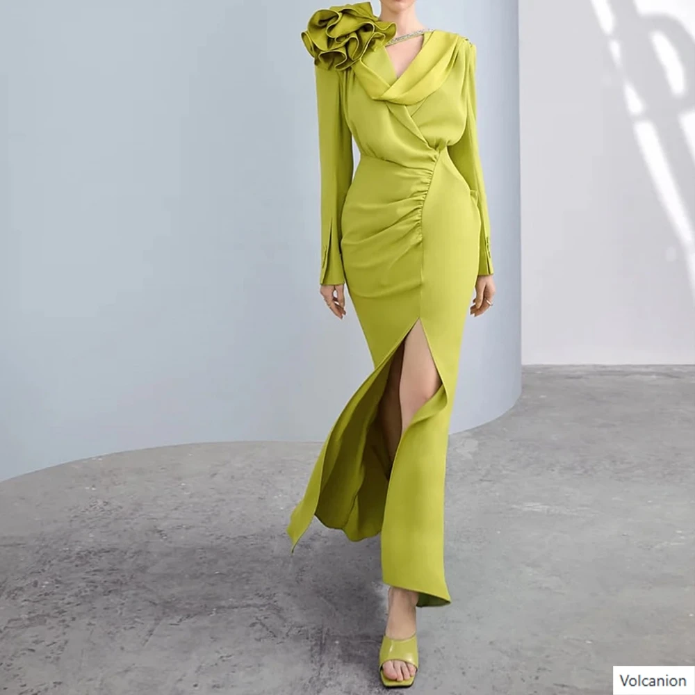 

Customized A-line Evening Dresses Ankle-length V-neck Full Sleeve Prom Gown Simple Fashion Sequined Draped Casual Party Gown