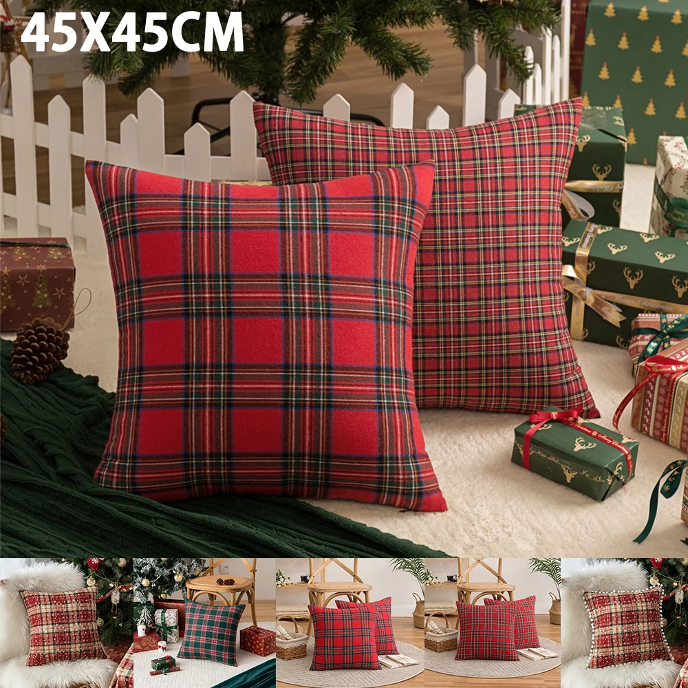 45X45Cm Vierkante Kussenslopen Kerst Schotse Tartan Geruite Kussenhoezen Bed Sofa Pad Party Decor Sneeuwvlok Kussensloop