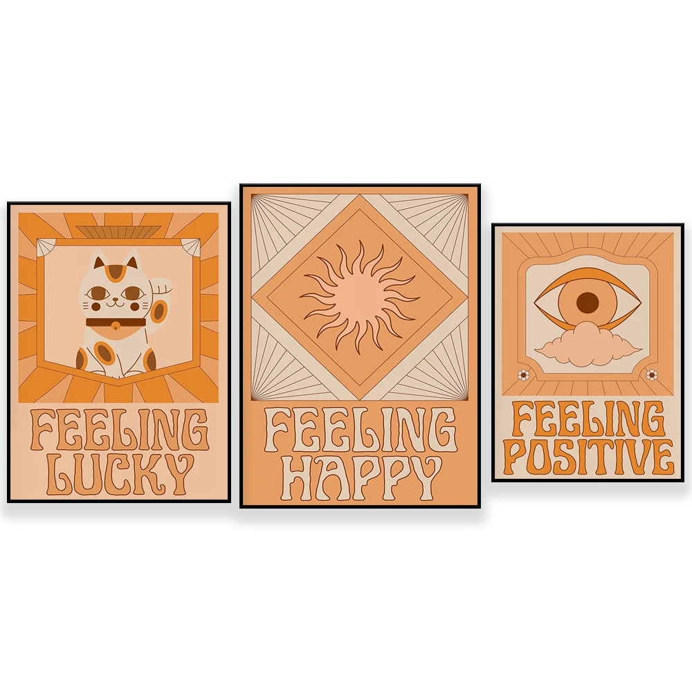 Feeling Positive Print - Retro Bohemian, Mystical Eye, Peach Earthy Colours, 70s Hippie Aesthetic, Psychedelic Art Deco Style