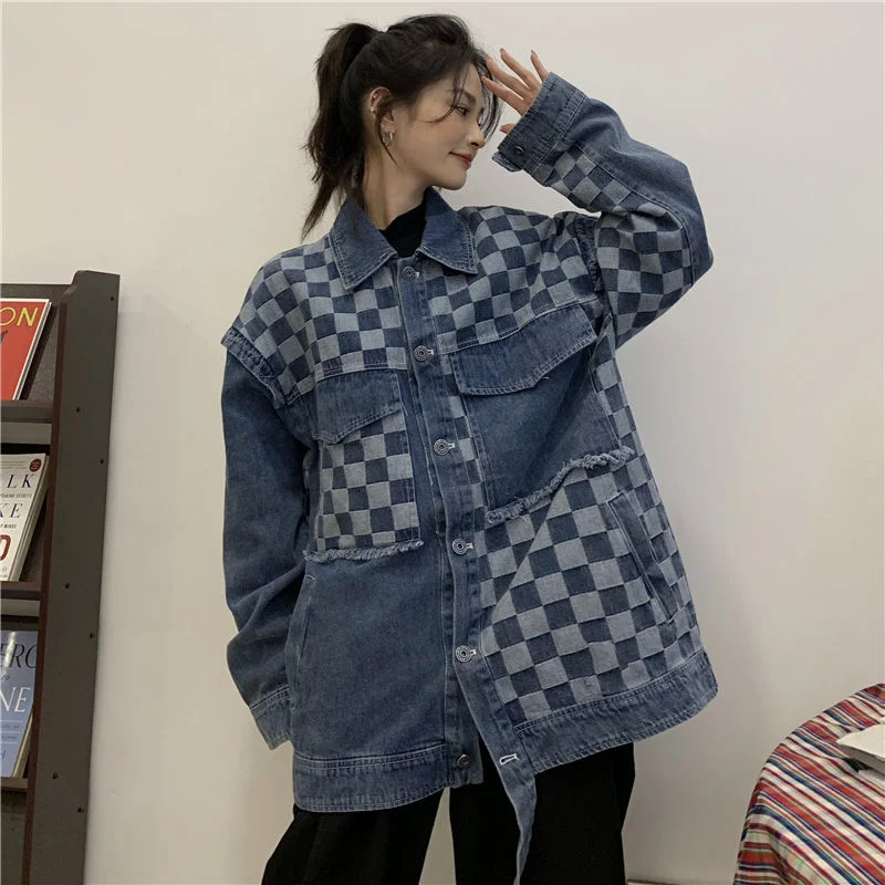 Deeptown Denim Jacket Women Oversized Korean Fashion Streetwear Black Vintage Plaid Jeans Jackets Chic Elegant Gothic Loose Coat