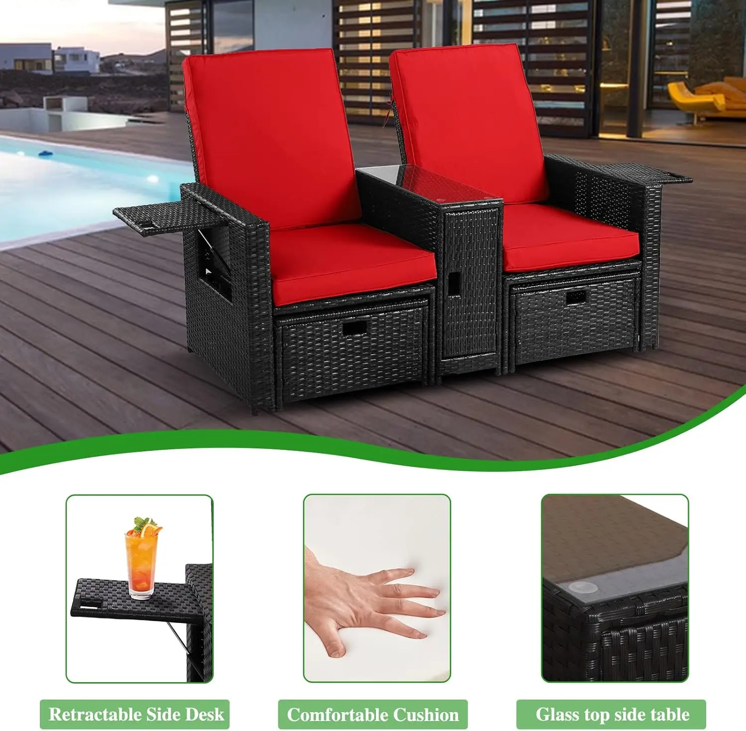 Loveseat-sofá de mimbre con cojín para exteriores, silla de salón ajustable, muebles de mimbre para jardín, Patio, balcón