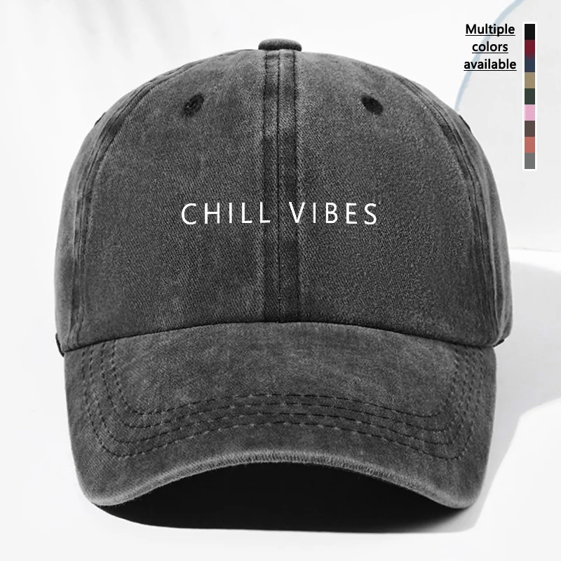 Unisex CHILL VIBES Letter Print Washed Vintage Baseball Cap, Fashionable Outdoor Hat for Men and Women, Adjustable Fit Trucker H