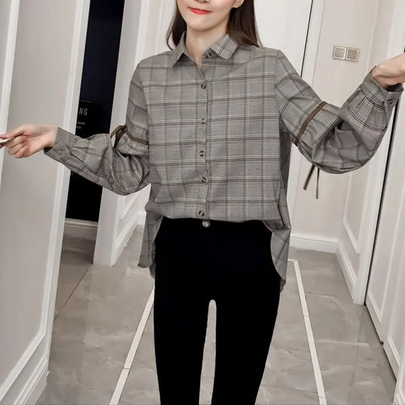 Women Vintage Plaid Print Bow Chic Harajuku Fashion Korean Blouse Autumn Casual Long Sleeve Loose Street Shirts Clothing Blusas