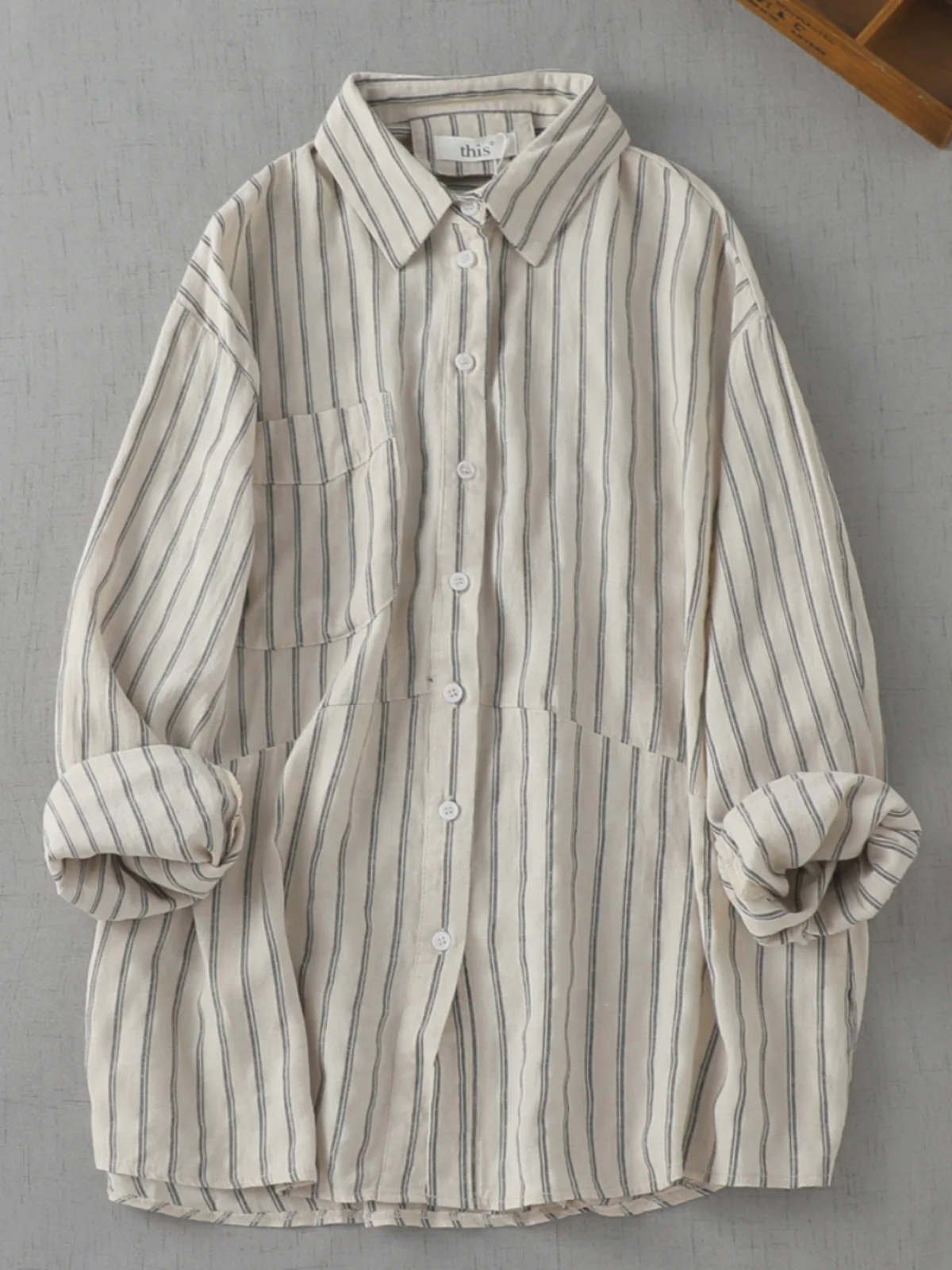 Loose Fit Long Sve Women's irt Casual Striped Linen Jaet Autumn Season Layering Trendy Outerwear Comfortable Collar