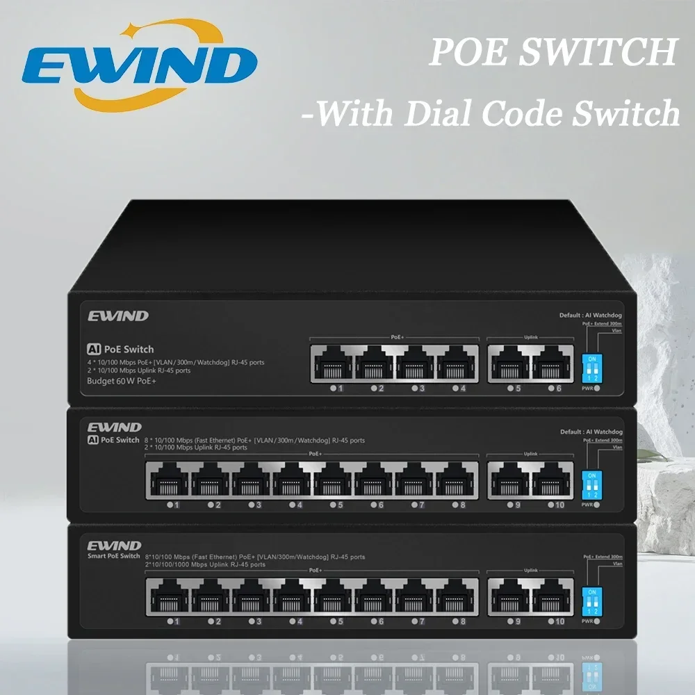 EWIND 6/10 Port Poe Switch Network Switchs Supply Ethernet for IP Camera Wireless AP with Dial Code Switch for NVR or Outdoor