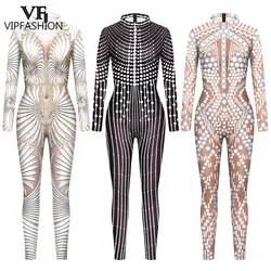 VIP FASHION Sequin 3D Print Jumpsuits for Women White Black Zentai Bodysuit Show Party Catsuit Canival Festival Cosplay Costume