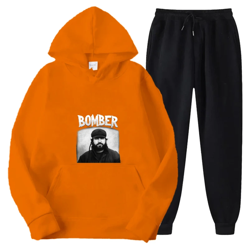 طقم هوديي سويت شيرت بقلنسوة مطبوع برتقالي وملابس ركض سوداء غير رسمية للرجال والنساء #1