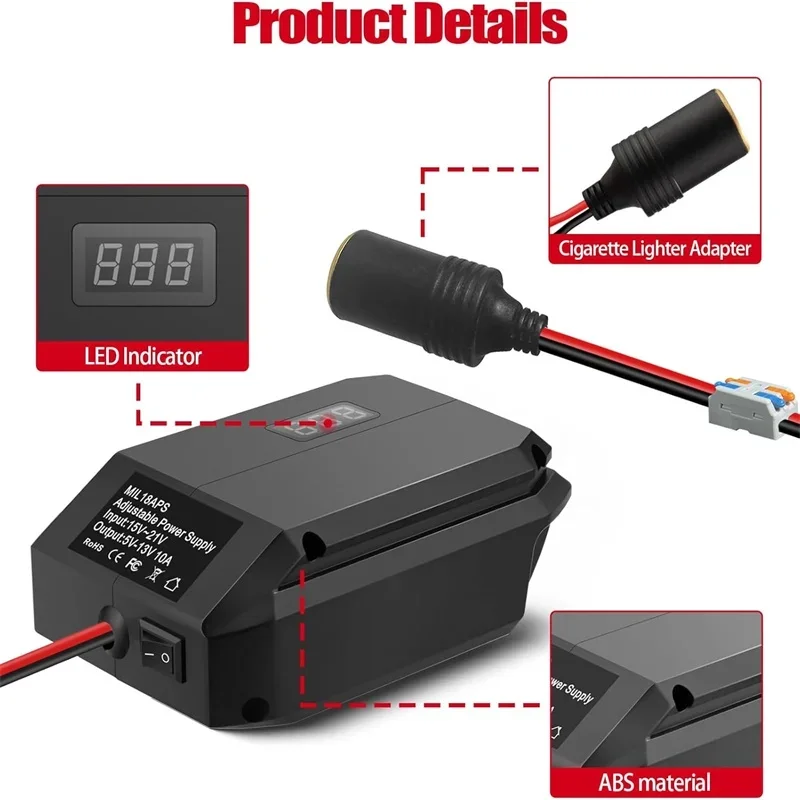 Convertidor reductor de 18V a 12V para batería de iones de litio Milwaukee de 18V, adaptador de corriente de batería de voltaje CC, adaptador de encendedor de cigarrillos