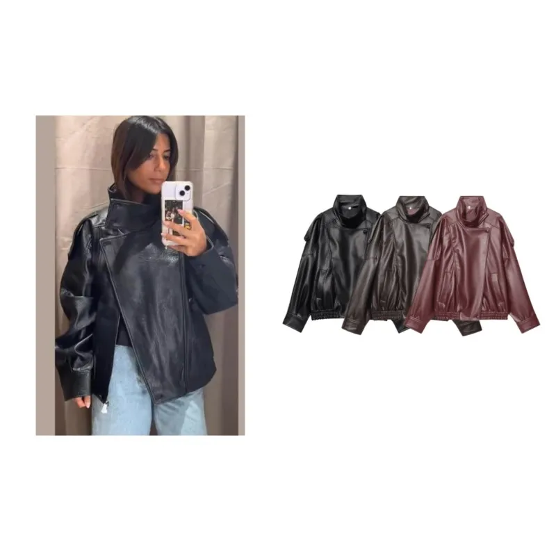 

Women's Leather Jacket Autumn/Winter Fashion Loose High Neck Zipper With Pockets Asymmetric Vintage Coats Long Sleeve Tops