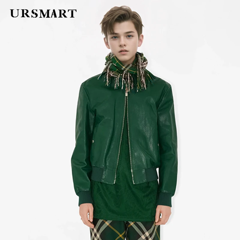 Fashionable dark green leather jacket for men in autumn 2024 New British trend sheepskin short jacket Coats