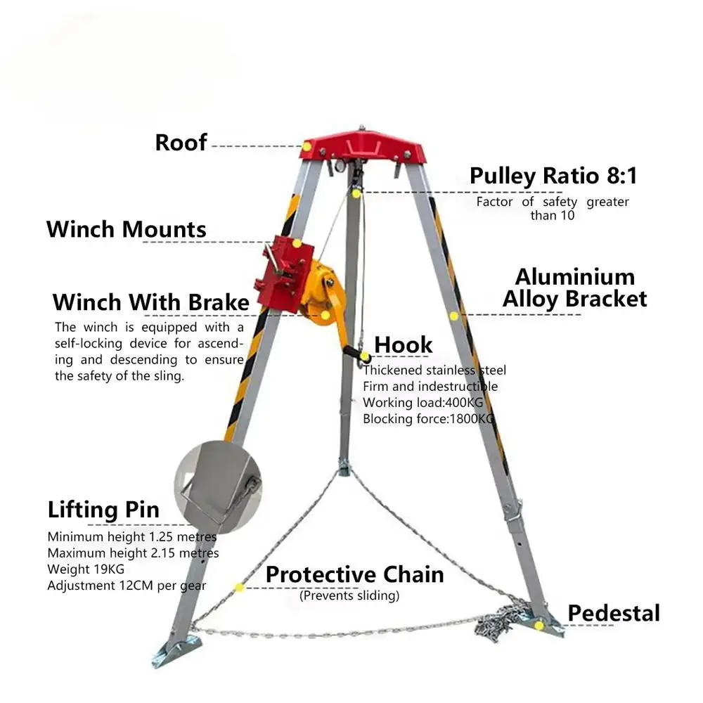 Aluminum tripod with retractable winch for rescue lifting fire fighting safety rescue tripod for security accident