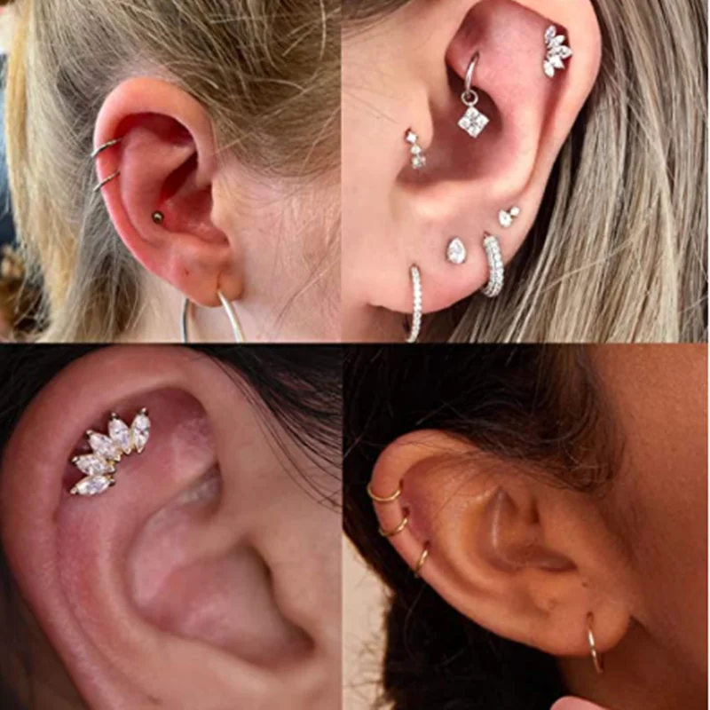 Fashion Crystal Cartilage Earring Set Stainless Steel Gold Color Ear Hoop Helix Tragus Ear Stud Set Women Earrings Jewelry Gift