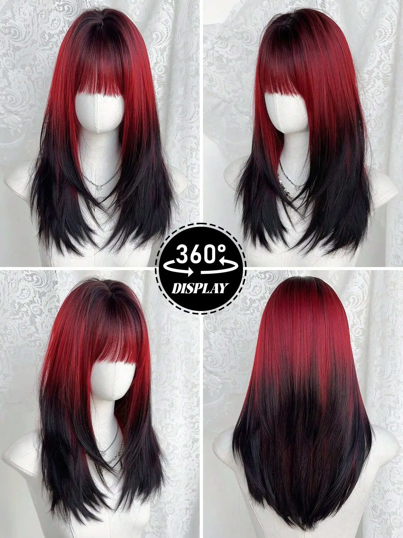 20 بوصة أحمر أومبير أسود طويل شعر مستعار مستقيم للنساء شعر مستعار اصطناعي رائع مع الانفجارات جذور داكنة شعر مستعار للفتيات الموضة #5