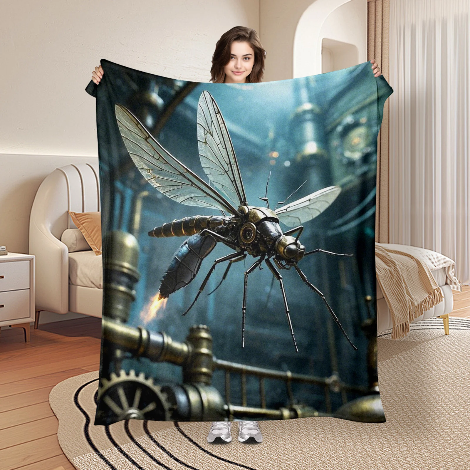 

Industrial Mosquito Design Blanket With Gears Pipes And Mechanical Elements For Steampunk Home Decor