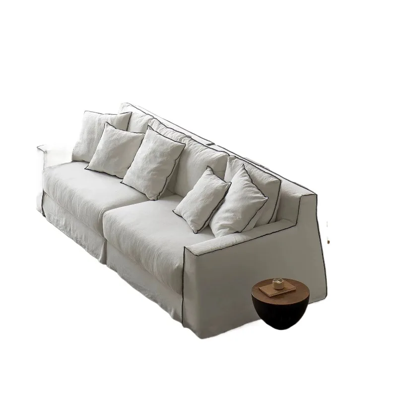 

Wabi sand wind linen fabric sofa retro down three-person minimalist living room straight row Nordic