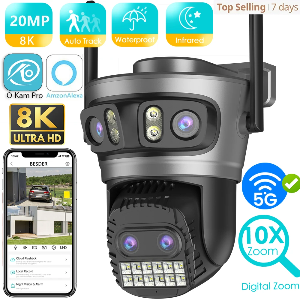 BESDER 20MP 8K HD WiFi Camera 10X Zoom Four Lens Three Screen Auto Tracking Security Protection 4K PTZ CCTV Video Surveillance