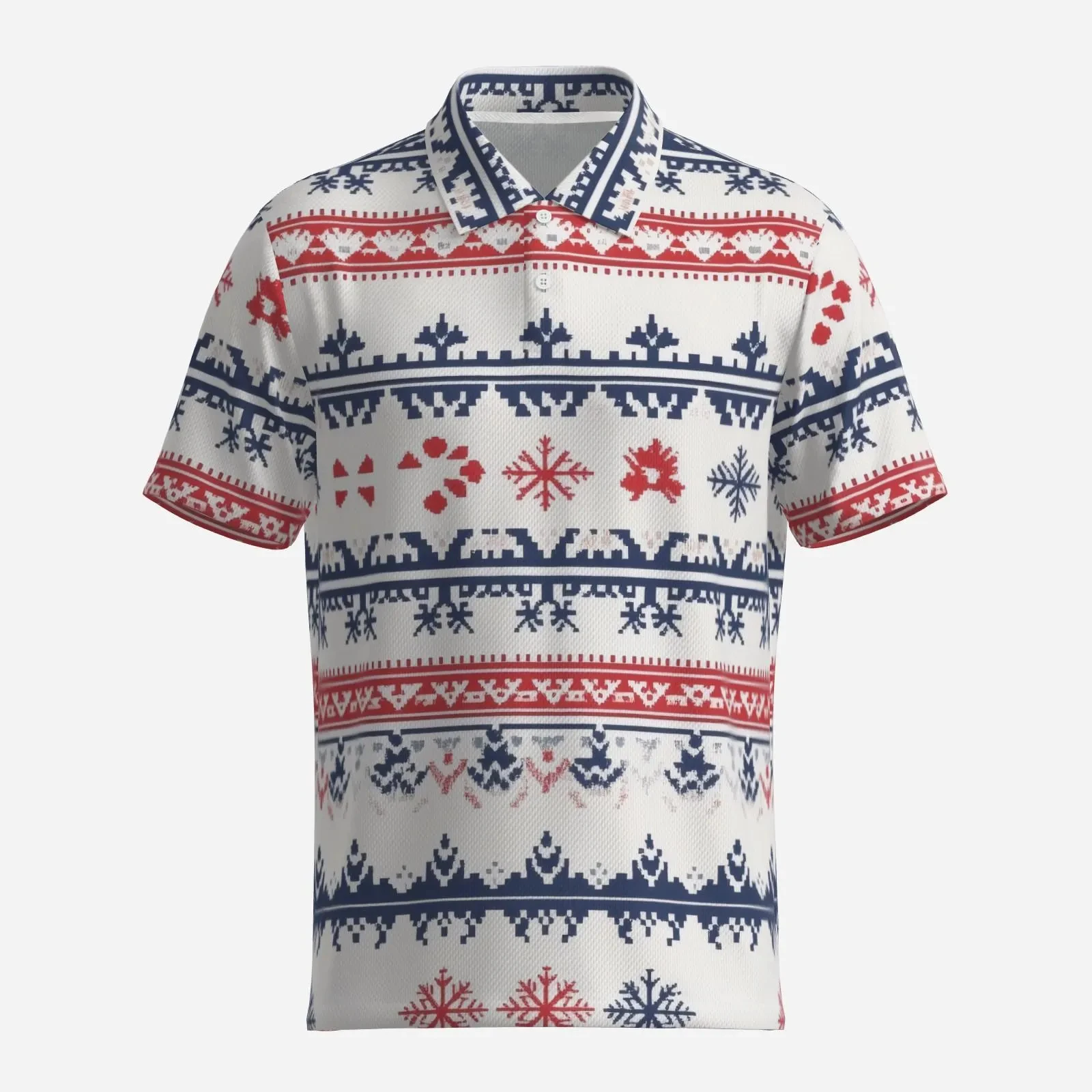 Men’s Christmas Polo Shirt, Red and Blue Snowflake Pattern, Holiday Knit Style Shirt, Golf Polo, All Over Print Xmas Shir