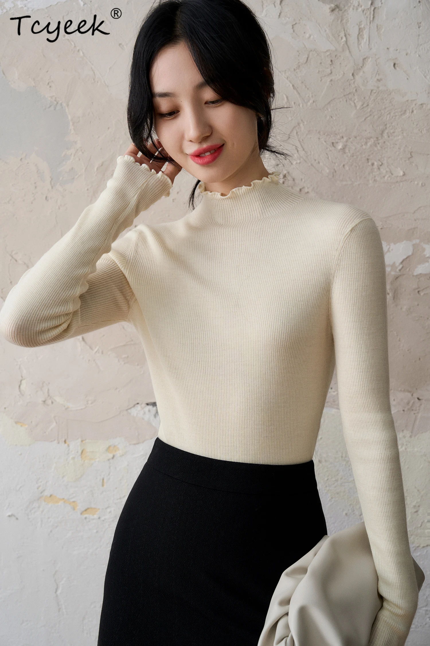 

Tcyeek, 10% Cashmere 90% Wool Elegant Sweaters, Women Ruched Collar, Fashion Loose Slim Knitwear, Autumn Winter Top T48044QM
