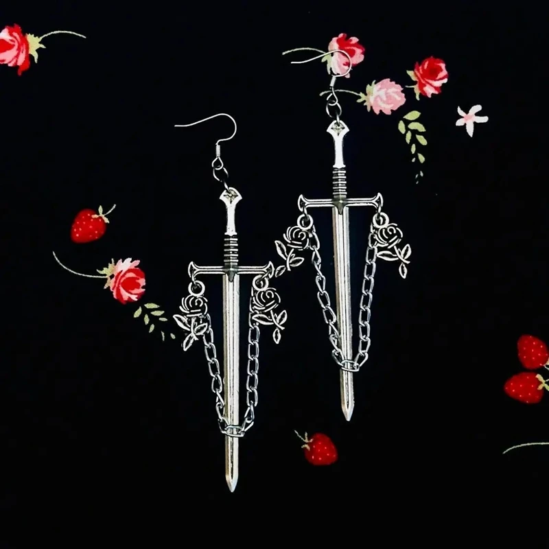 Gothic Sword Earrings with Roses and Chains - Statement Dagger Earrings - Jewelry - Fantasy Goth Accessory