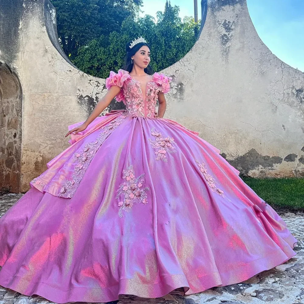 Roze Baljurk Quinceanera Jurken Van De Schouder Mexicaanse Vestidos De 15 Anos Kanten Appliques Bloem Junior Prom-Jurk