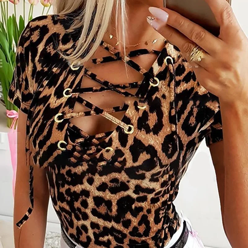 New Women's Clothing Hot Selling European and American Foreign Trade2023Amazon Leopard Print Lace-up Top-Non-Positioning Printin