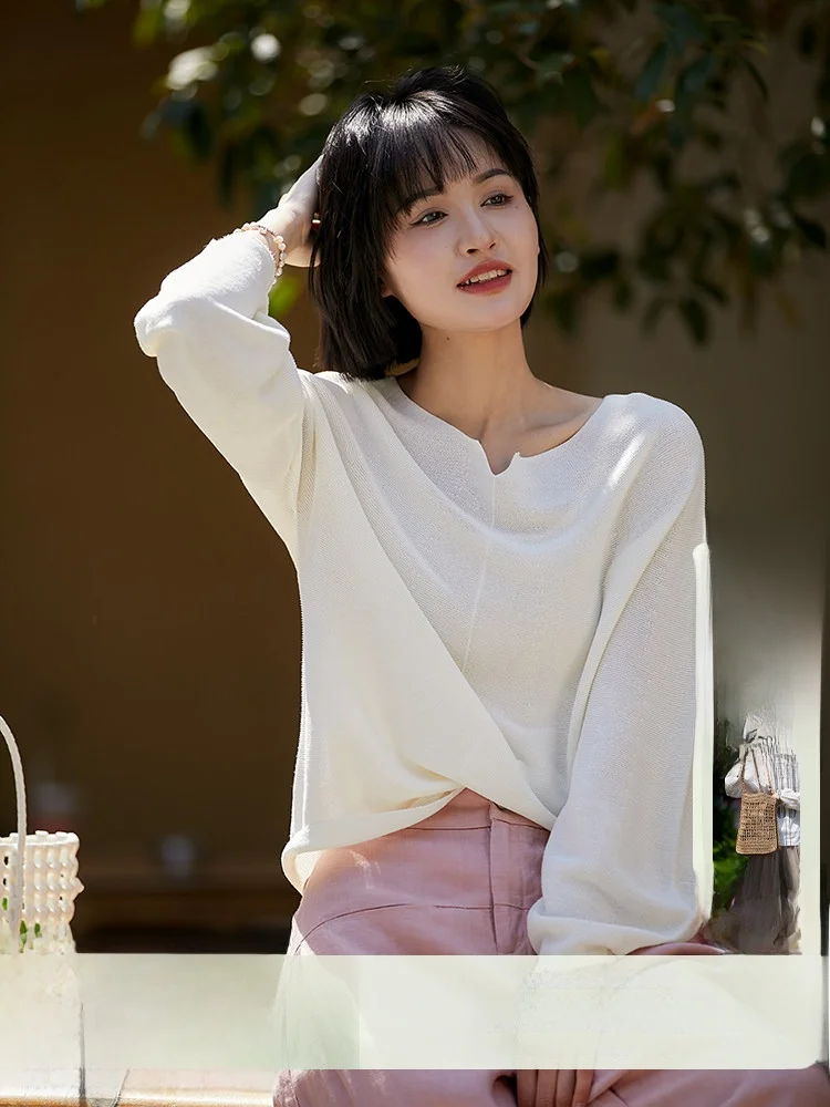 

uman Knitted Ele Knitwear Sl Paper Silk Small V-ne Top Warmth OL Sle Polyester Fiber Long Sve Lantern Sve