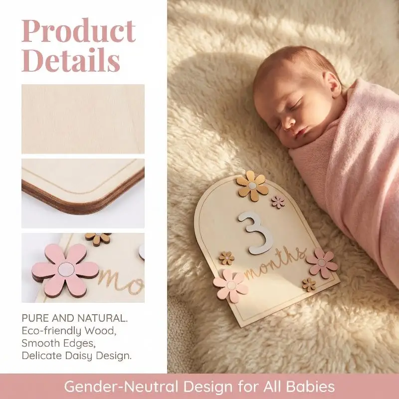 

Деревянные карточки для отметки месяцев развития малыша, двусторонние, с гравировкой цветов, реквизит для фото, подарок на выписку/на рождение ребенка, для девочек и мальчиков