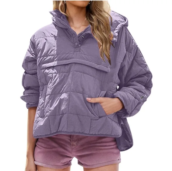 

Autumn Winter Solid Color Padded Jacket For Women Fashion Pockets Long Sleeves Hooded Pullovers Japanese And Korean Casual Coats