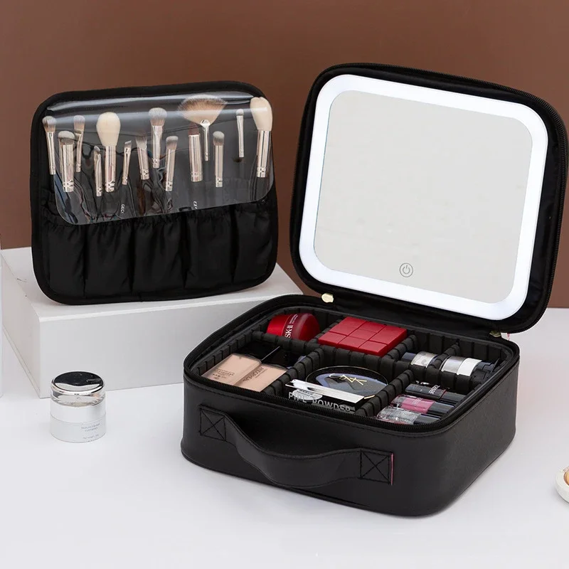 LED Lighted Cosmetic Case with Mirror Waterproof PU Leather Portable Travel Makeup Storage Bags make up organizer bag