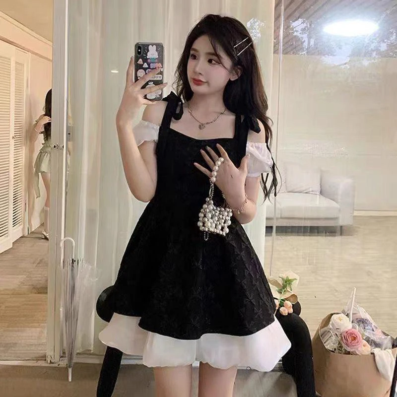 Kawaii Pleated Puff Sleeve Lolita Mini Dress Women Party Black Dresses