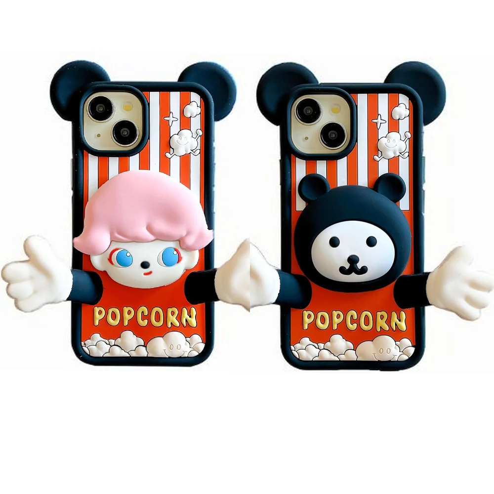 

New 3D Popcorn For iPhone 12 13 14 15 16 Pro Max Plus, Cute Cartoon Soft Silicone Phone Case, Back Cover Skin Shell Shockproof