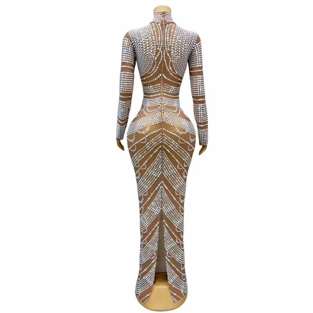 New Luxurious Birthday Celebrate Full Pearls Dress Long Sleeves Nude Mesh Transparent Sexy Collection