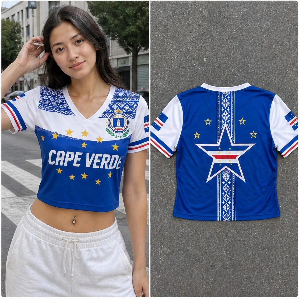 Womens Cape Verde V Neck Short Sleeve Crop Top Star Emblem Tribal Stripe Print Casual Summer Shirt for Street Travel Daily Looks