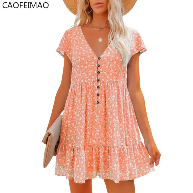 2023 Caofeimaoผู้หญิงหลวมVINTAGEแฟชั่นRuffles Befreeชุดลูกไม้ขนาดใหญ่เซ็กซี่ฤดูร้อนBoho Casual PARTY Elegant Dresses