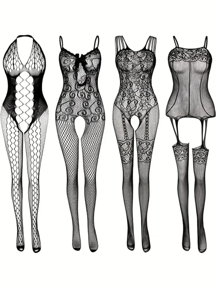 4 sets Sexy Fishnet Bodystocking with Open Crotch and Jacquard Design  Women\'s Lingerie and Underwear Erotic Costumes Catsuit SM