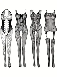 4 sets Sexy Fishnet Bodystocking with Open Crotch and Jacquard Design  Women's Lingerie and Underwear Erotic Costumes Catsuit SM