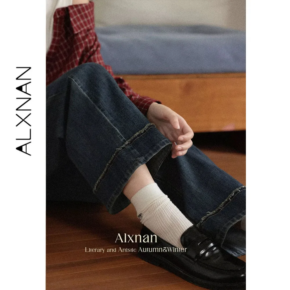 ALXNAN Women's Jeans Vintage Dark Blue Wide-leg Baggy Jeans Fall Straight High-waist Baggy Pants Cotton Female Trousers L56809