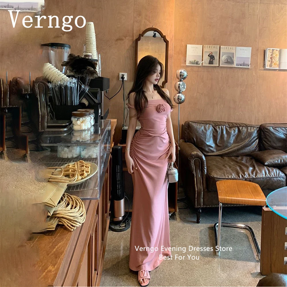 

Verngo Pink Crepe Prom Gown Off The Shoulder Mermaid Party Dress For Women Flowers Tight Formal Occasion Dress Outfit