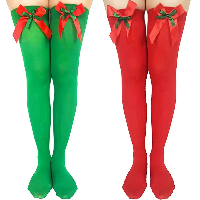 

Halloween Christmas Gradient Stockings - Red & Green Bow Breathable Sheer Pantyhose for Cosplay, Party Hosiery Accessories