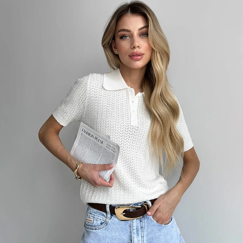 Hollow Knitted T shirt Woman 2026 Summer New Short Sleeve Casual Loose Lapel Ins Hot Tops Lady Sweater T shirt Solid Knit Blouse