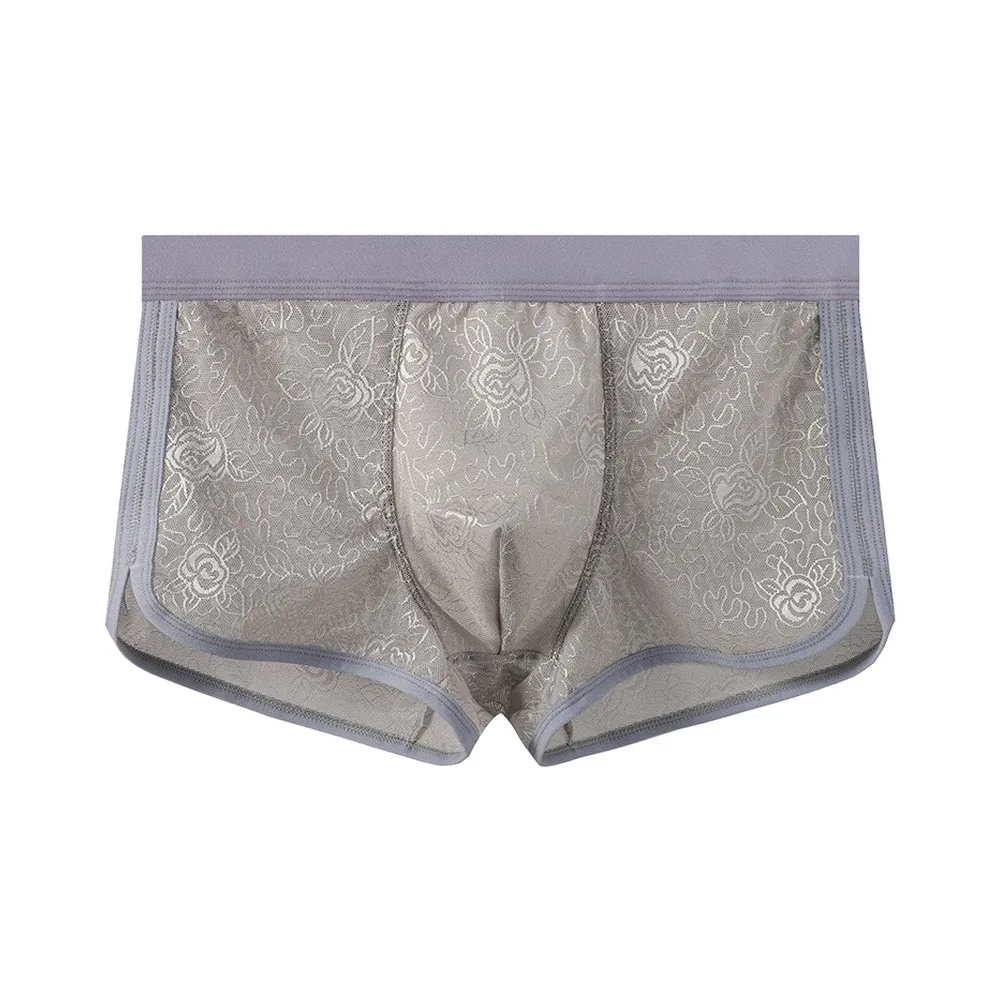 Men See Through Floral Ribbed Pants Ice Silk Boxer Shorts Breathable Underpants Pouch Panties Elastic  Support Pouch Underpants