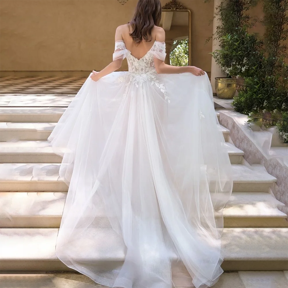 Customized Elegant Wedding Dresses for Women Off Shoulder Sweetheart Neck Lace Applique Tulle A Line Floor Length Bridal Gowns