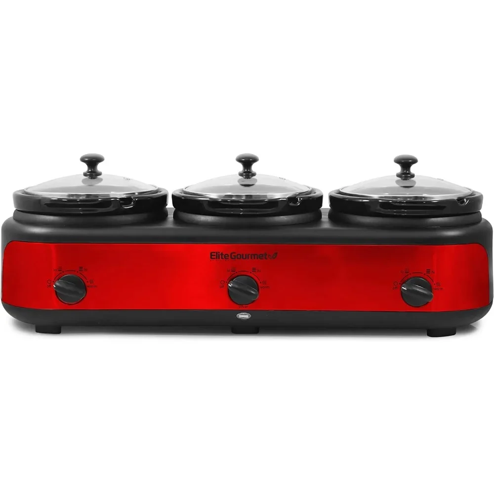 Triple Slow Cooker Buffet Server Adjustable Temp Dishwasher-Safe Oval Ceramic Pots, Lid Rests, 3 x 2.5 Qt Capacity, Red