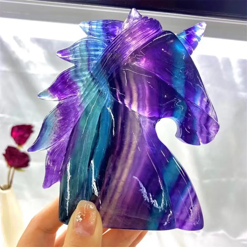 Natural Crystal Rainbow Fluorite Unicorn Cute Animal Carving Reiki Healing Stone Children Birthday Gift Home Decoration 1PCS