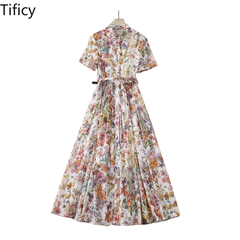 

High Quality 2024 Spring Summer New Women's Lapel Short Sleeve Colorful Floral Single-breasted Lace-up Midi Dress