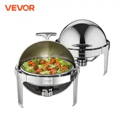 VEVOR Roll Top Chafing Dish Buffet Set 6 Qt 2 Pack Stainless Steel Chafer with 2 Full Size Pans Round Catering Warmer Server