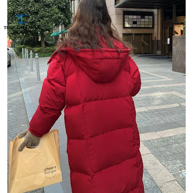 Long Knee Length Down Cotton Jacket, Red Plus Size Premium Thick Hooded Jacket, Women's Winter 2026 New Model