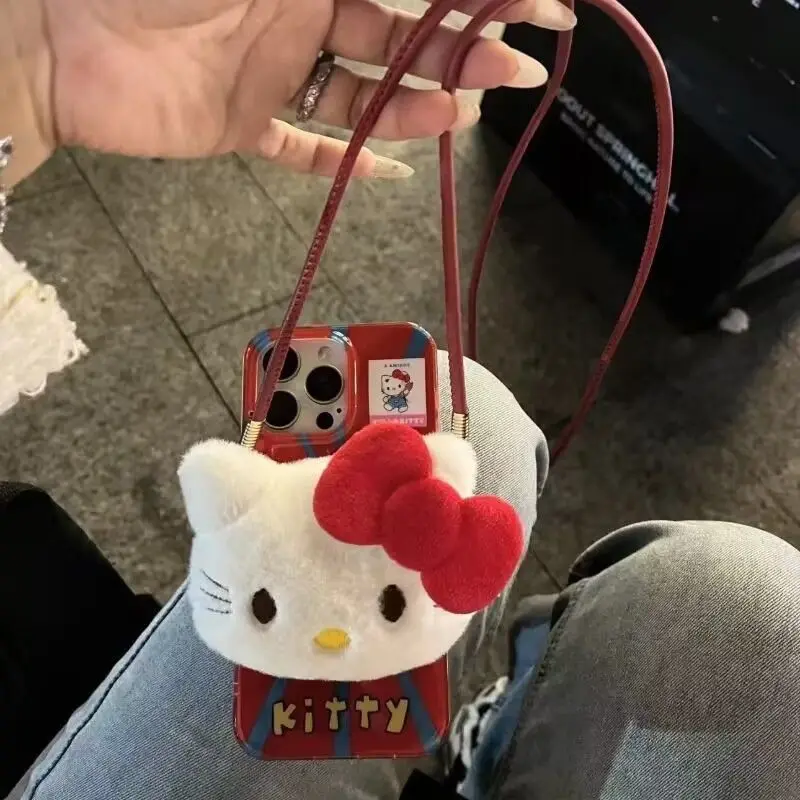 

Kawaii Hello Kitty Sanrio Student Cute Cartoon Plush Toy Cell Phone Back Clip Phone Decor Slant Span Handpiece Gift for Kids