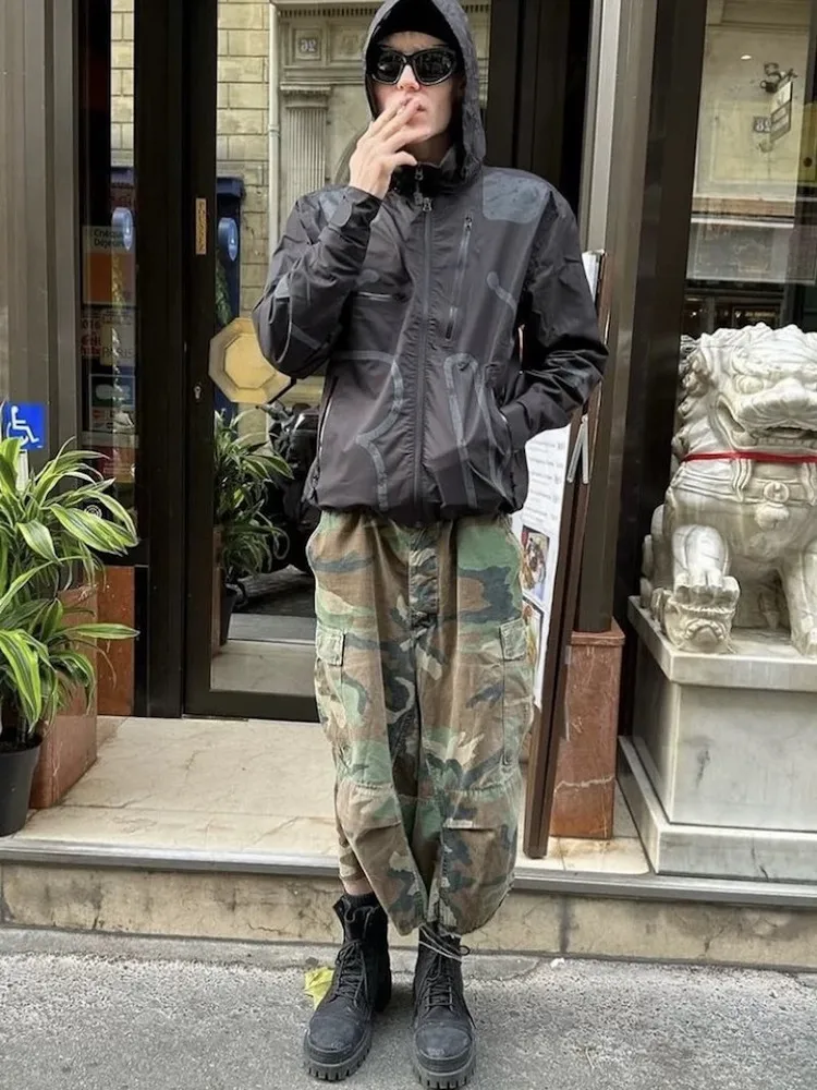 

Vintage Joua Jamal Camouflage Patchwork orts Youth Casual Workwear Seven-Quarter Length Independent Design Loose Fit Summ...